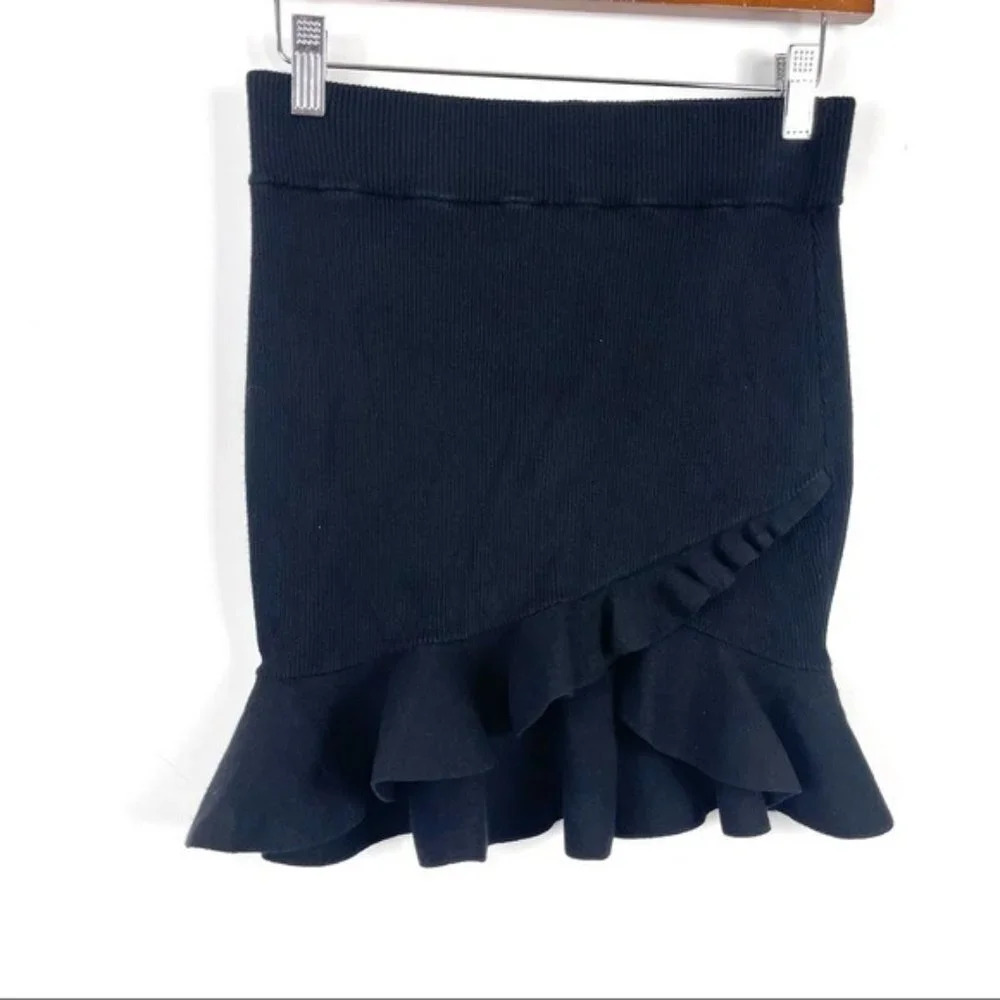 A.L.C. Ribbed Knit Ruffle Mini Skirt Black Women’s Designer Feminine